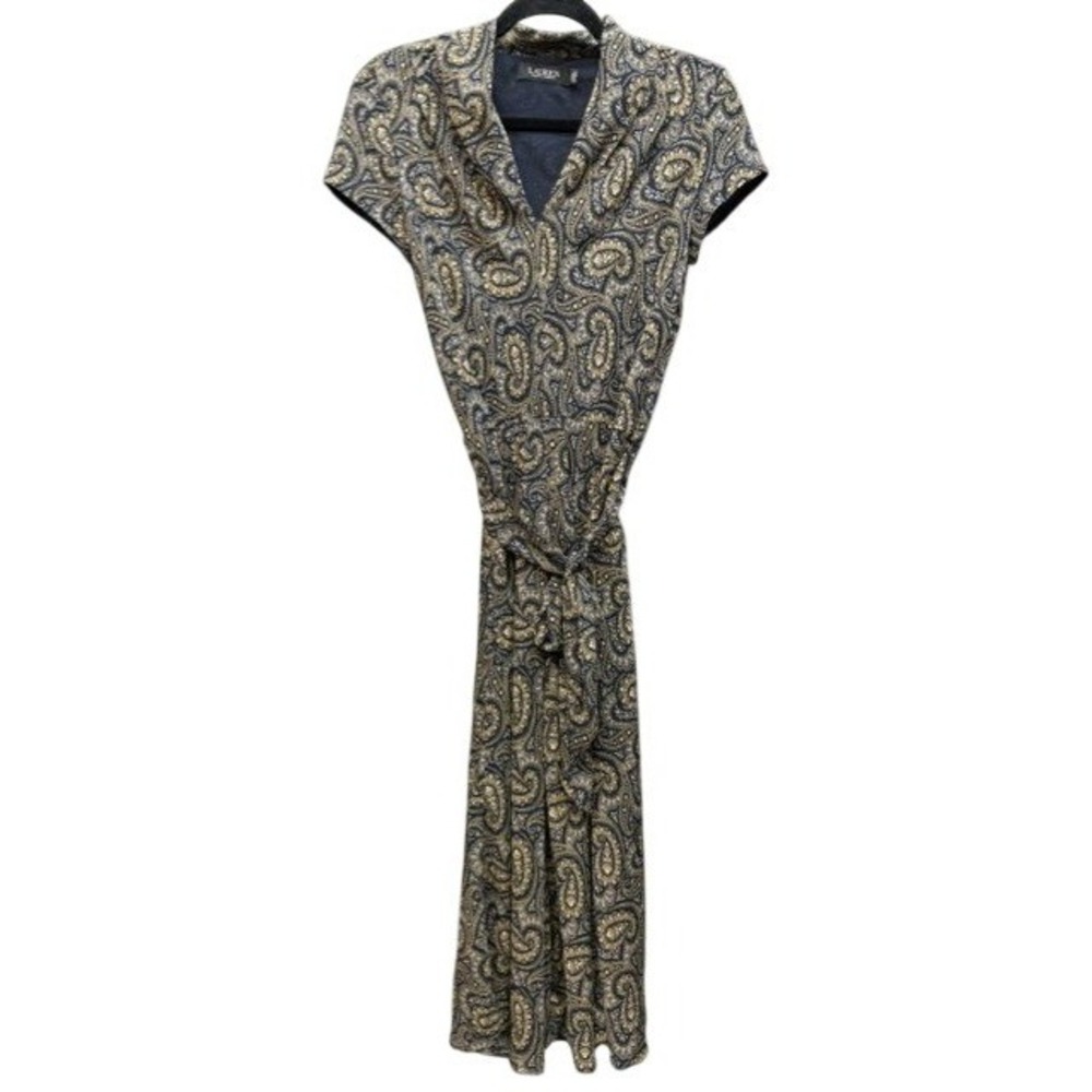 Y2K Ralph Lauren Paisley V-Neck Tie Waist Midi Dress Navy Gold Womens Size 2